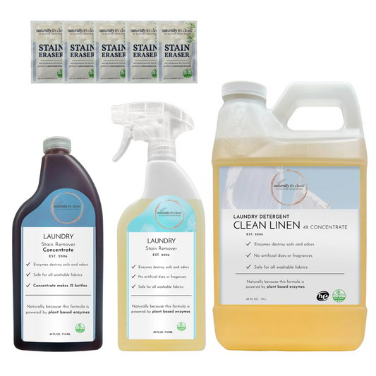 Clean Linen Laundry Kit – 64 oz Concentrate Detergent, Stain Remover Spray & Concentrate, 5 Stain Eraser Wipes | Plant-Based, Enzyme-Powered Laundry Cleaner
