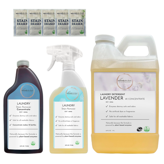 Lavender Laundry Kit – 64 oz Concentrate Detergent, Stain Remover Spray & Concentrate, 5 Stain Eraser Wipes | Plant-Based, Enzyme-Powered Laundry Cleaner