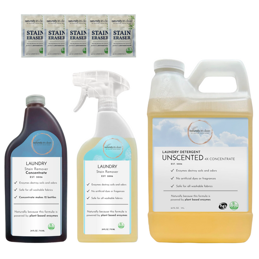 Unscented Laundry Kit – 64 oz Concentrate Detergent, Stain Remover Spray & Concentrate, 5 Stain Eraser Wipes | Plant-Based, Enzyme-Powered Laundry Cleaner